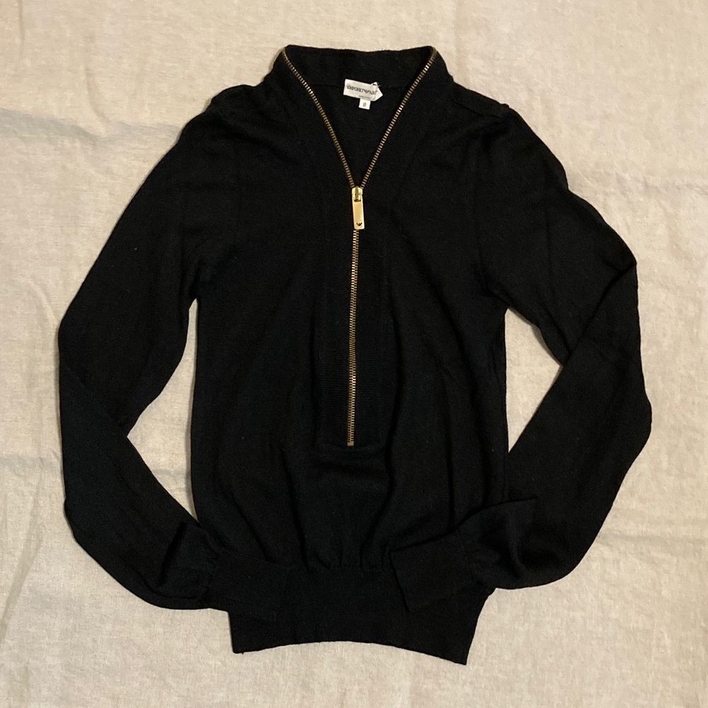 Emporio Armani Black V-Neck Sweater with Gold Zipper